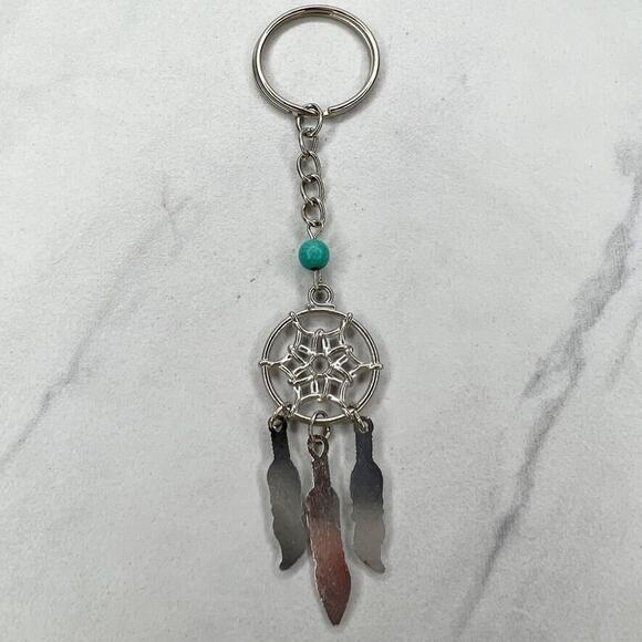 Silver Tone Faux Turquoise Beaded Dreamcatcher Keychain Keyring - Picture 5 of 7